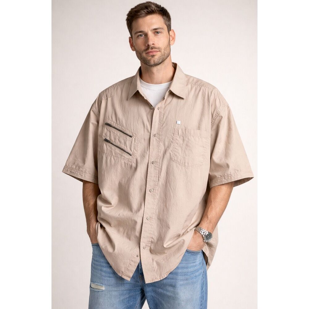 Rocawear 4X Tan Button Up Shirt Embroidered Logo Y2K Streetwear